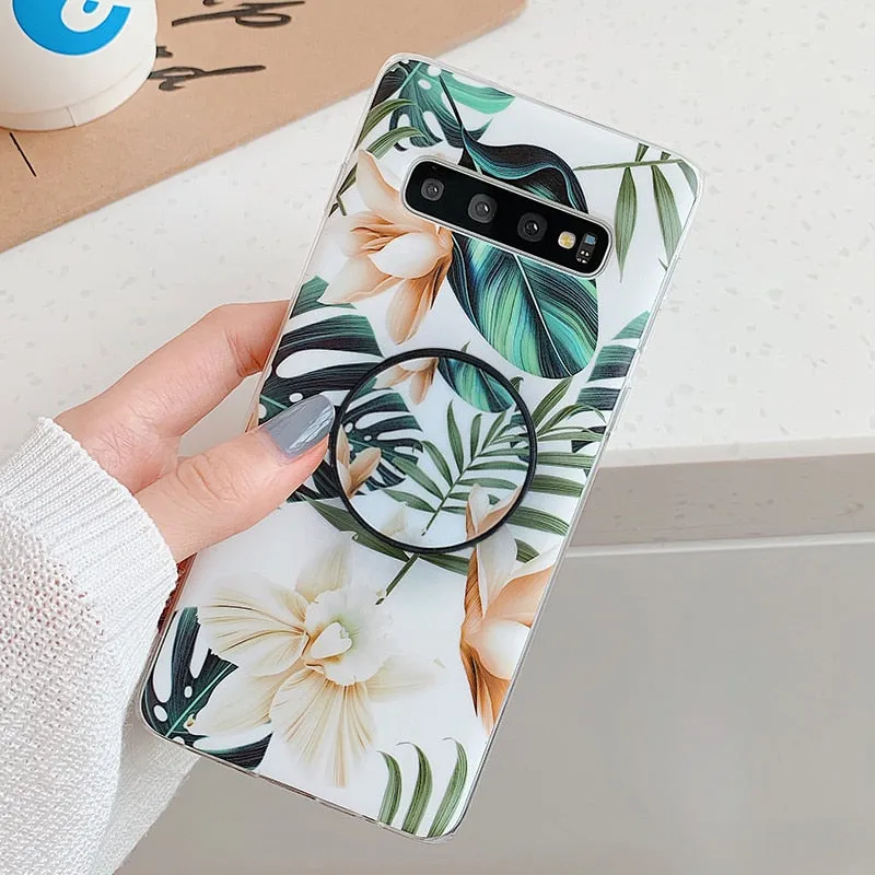 Anymob Samsung Case Green Floral Design Art Leaf Flower Silicon With Holder Stand Phone Cover