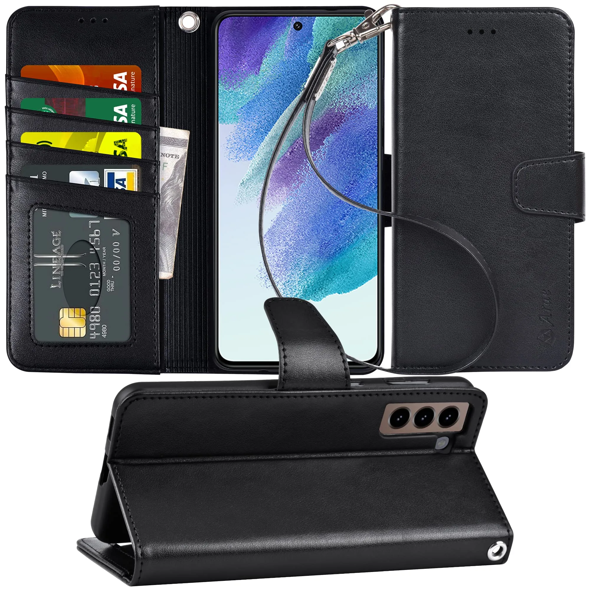 Arae Case for Samsung Galaxy S21 FE PU Leather Wallet Case Cover [Stand Feature] with Wrist Strap and [4-Slots] ID&Credit Cards Pocket for Samsung Galaxy S21 FE