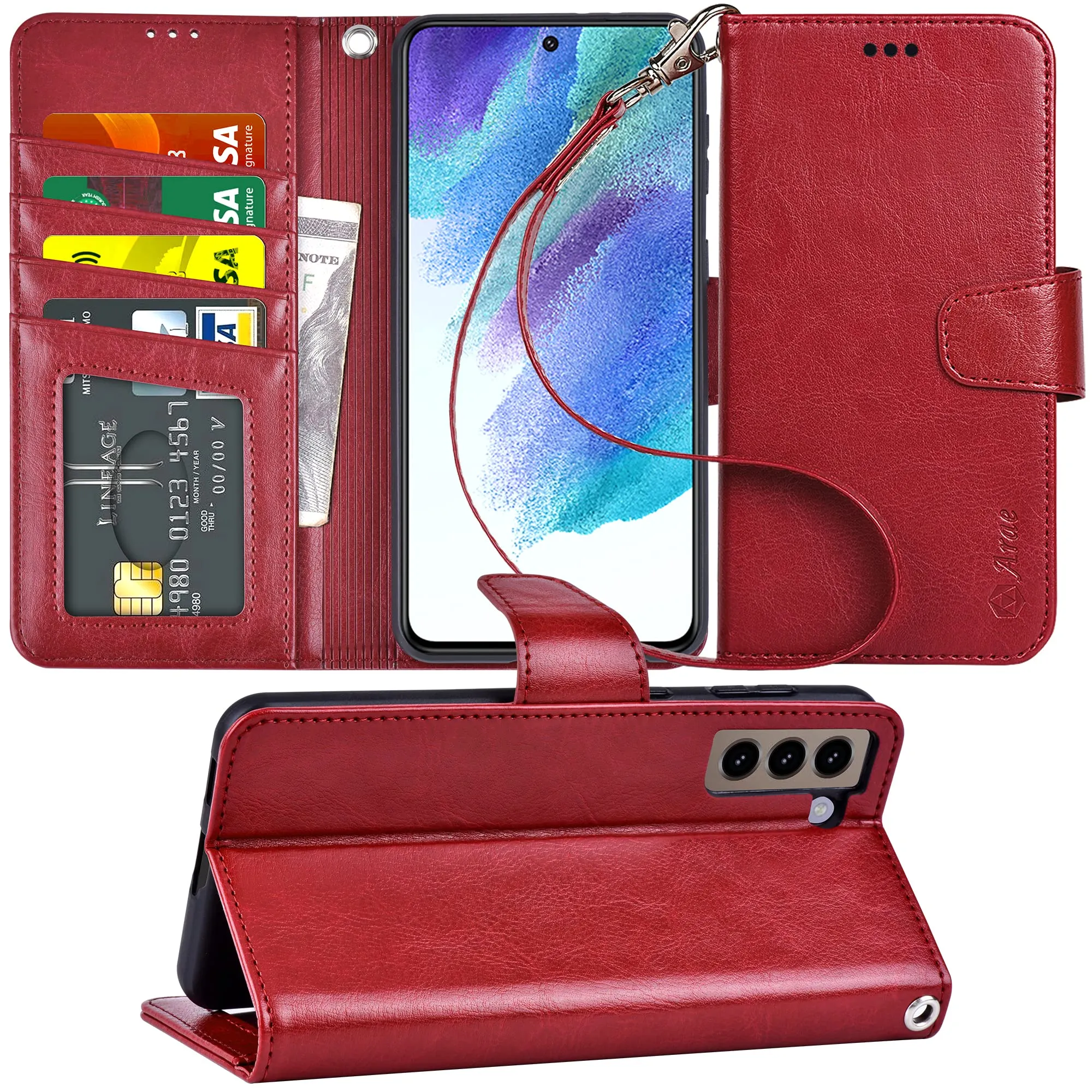 Arae Case for Samsung Galaxy S21 FE PU Leather Wallet Case Cover [Stand Feature] with Wrist Strap and [4-Slots] ID&Credit Cards Pocket for Samsung Galaxy S21 FE