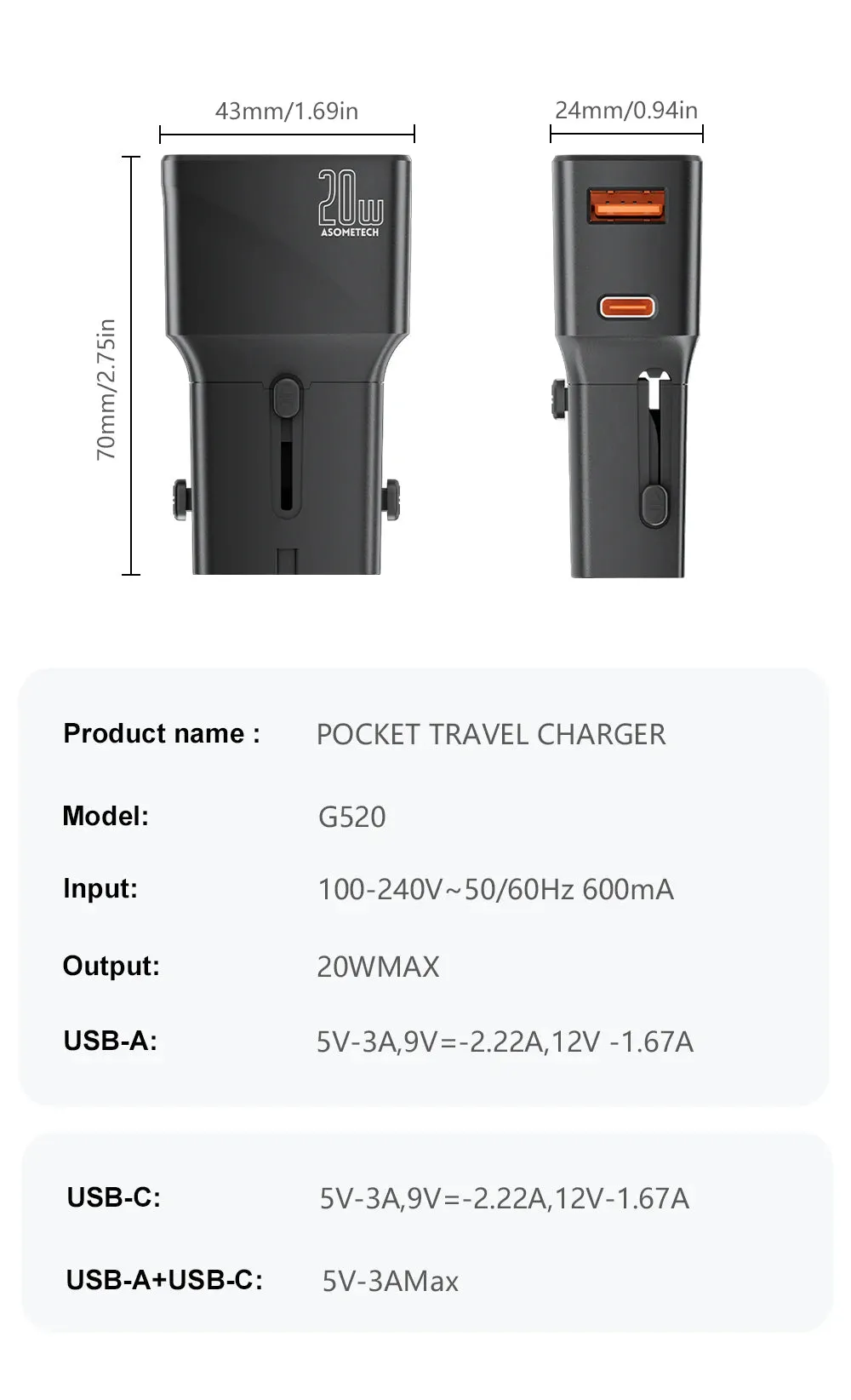 ASOMETECH 20W USB C Charger International Universal Travel Adapter Type C US EU UK AU Plug PD Fast Charger For iPhone Samsung