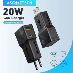 ASOMETECH 20W USB C Charger International Universal Travel Adapter Type C US EU UK AU Plug PD Fast Charger For iPhone Samsung