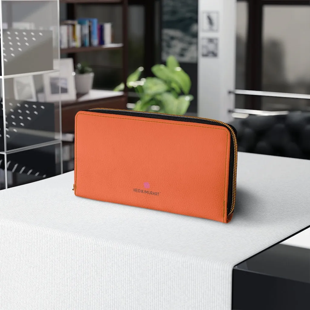 Bright Orange Color Zipper Wallet, Solid Color Long Compact Designer Premium Quality Women's Wallet