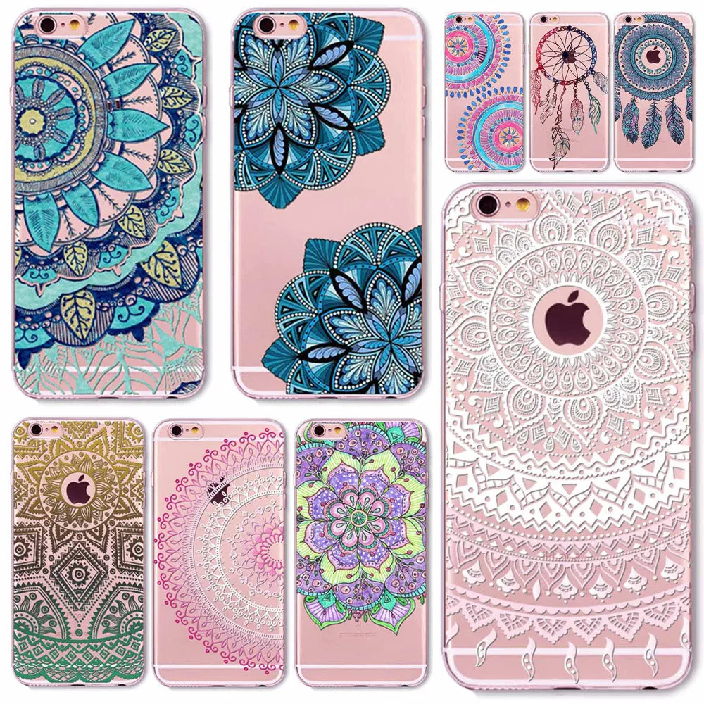 Case For iPhone 6 6S Plus 5 5S SE 6Plus Transparent Cases Floral Paisley Flower Mandala Henna Silicone Soft Phone Cover