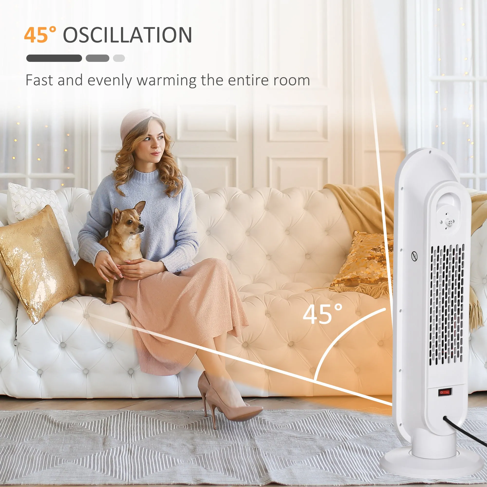 Ceramic Space Heater, Indoor Tower Heater with 45 Degree Oscillation, Remote Control, 24H Timer, Tip-Over & Overheating Protection, 1200W/2000W