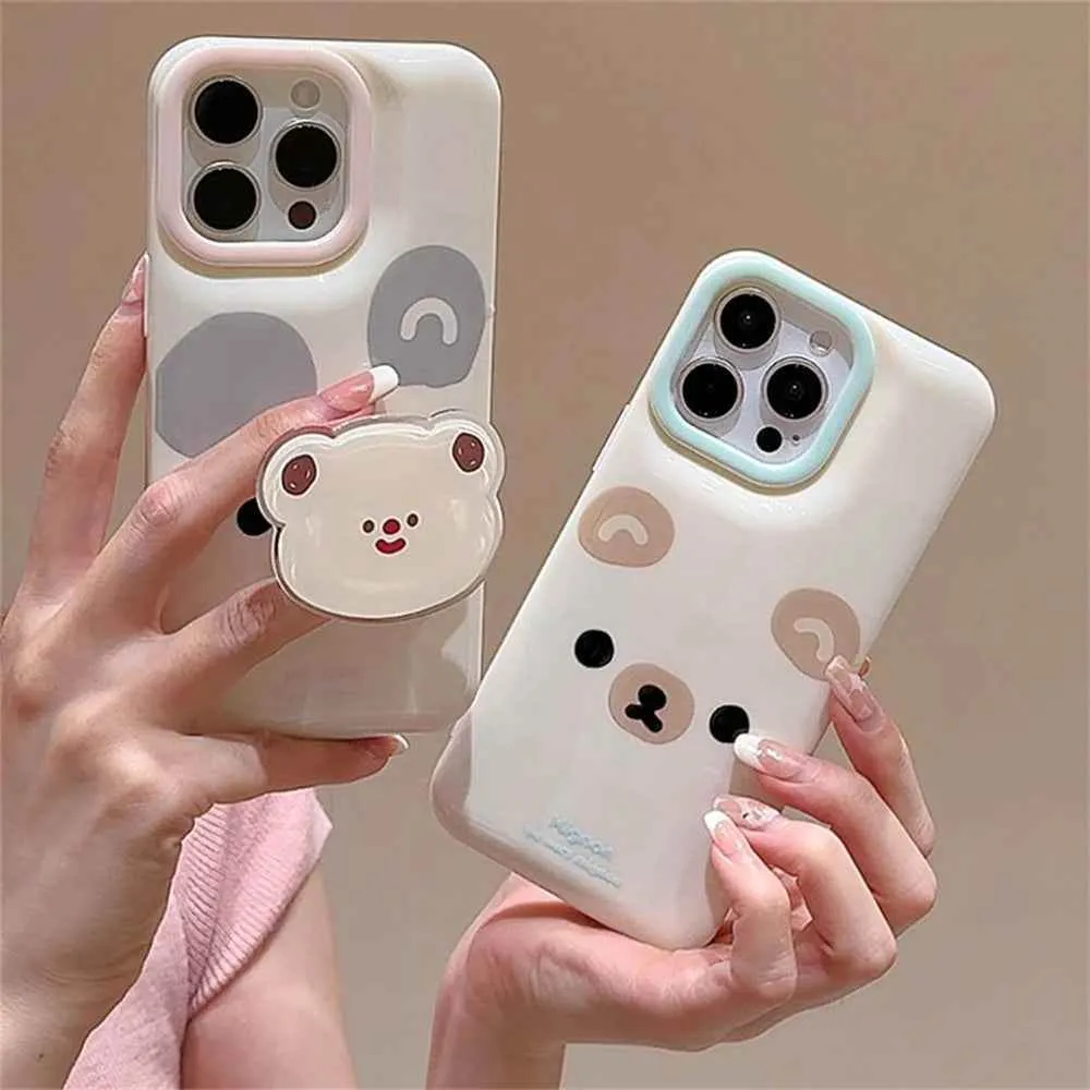 Cute Phone Cases for iPhone 15, 14, 13, 12 Pro Max, and 11 - Cartoon 3D Bear Ring Holder - TSP354