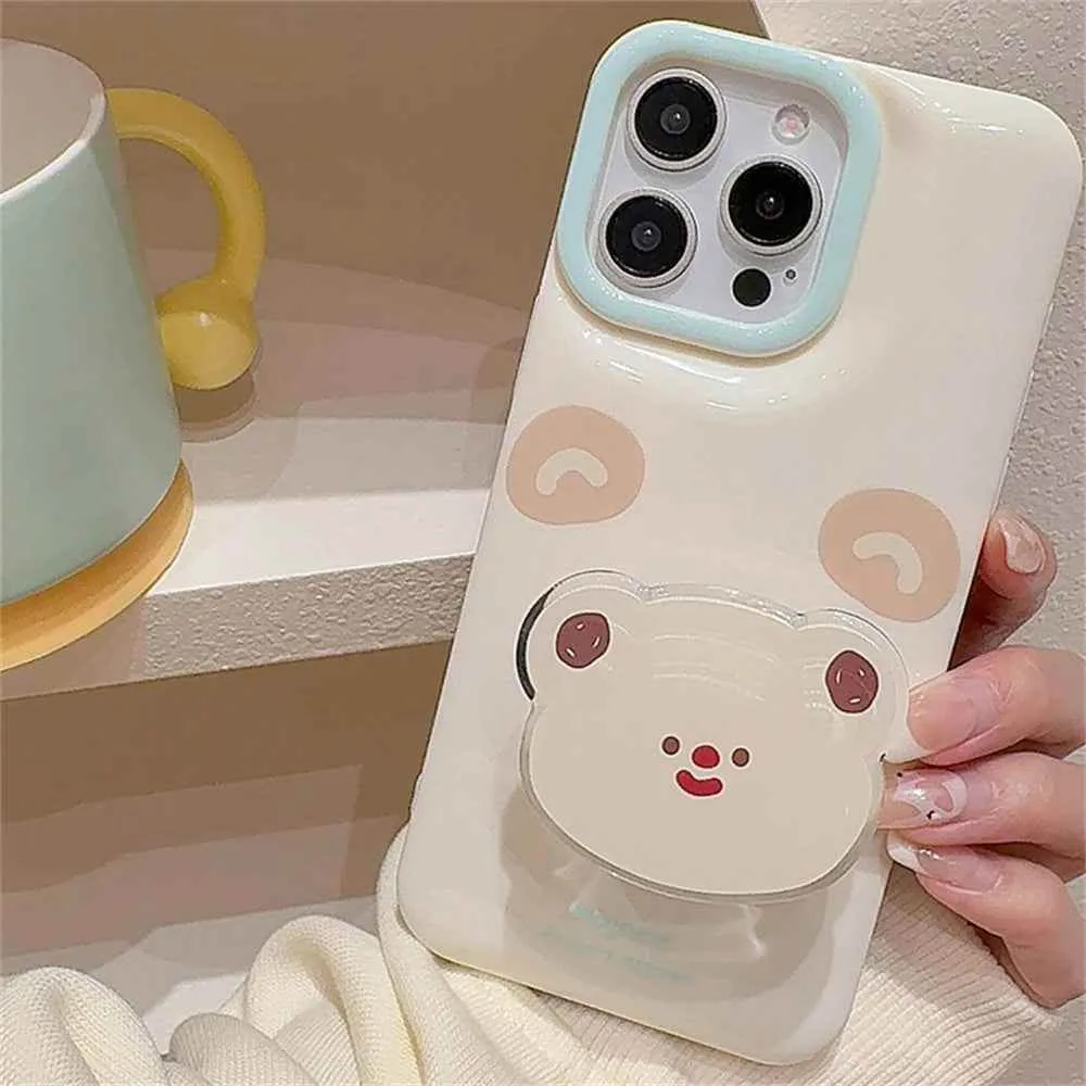 Cute Phone Cases for iPhone 15, 14, 13, 12 Pro Max, and 11 - Cartoon 3D Bear Ring Holder - TSP354