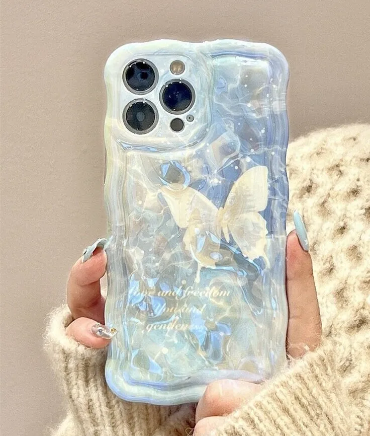 Cute White Butterfly Laser Blue-ray 3D Wavy Design Thick Protective Shockproof Phone Case for iPhone X XR XS 11 12 13 14 15 Pro Max Case