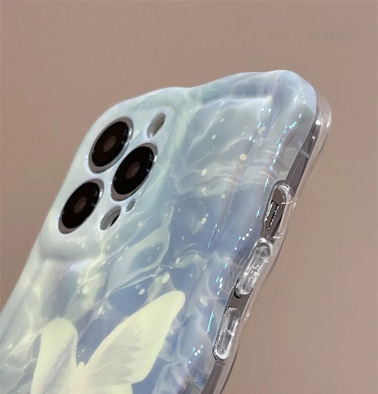 Cute White Butterfly Laser Blue-ray 3D Wavy Design Thick Protective Shockproof Phone Case for iPhone X XR XS 11 12 13 14 15 Pro Max Case