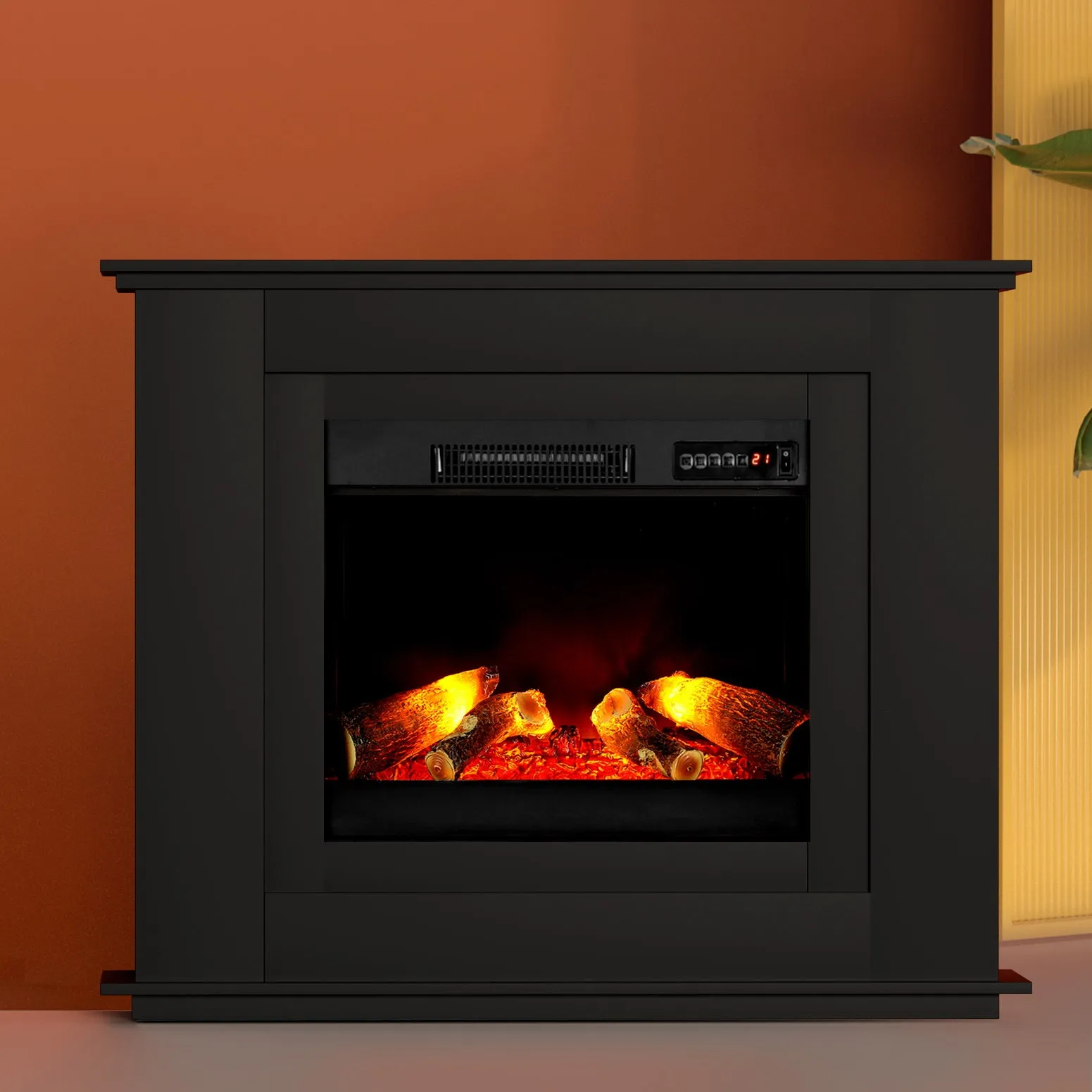 Devanti 2000W Electric Fireplace Mantle Portable Fire Log Wood Heater 3D Flame Effect Black