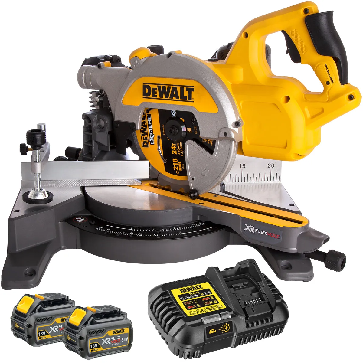 Dewalt DCS777T2 54V Flexvolt Brushless 216mm Mitre Saw with 2 x 6.0Ah Batteries & Charger