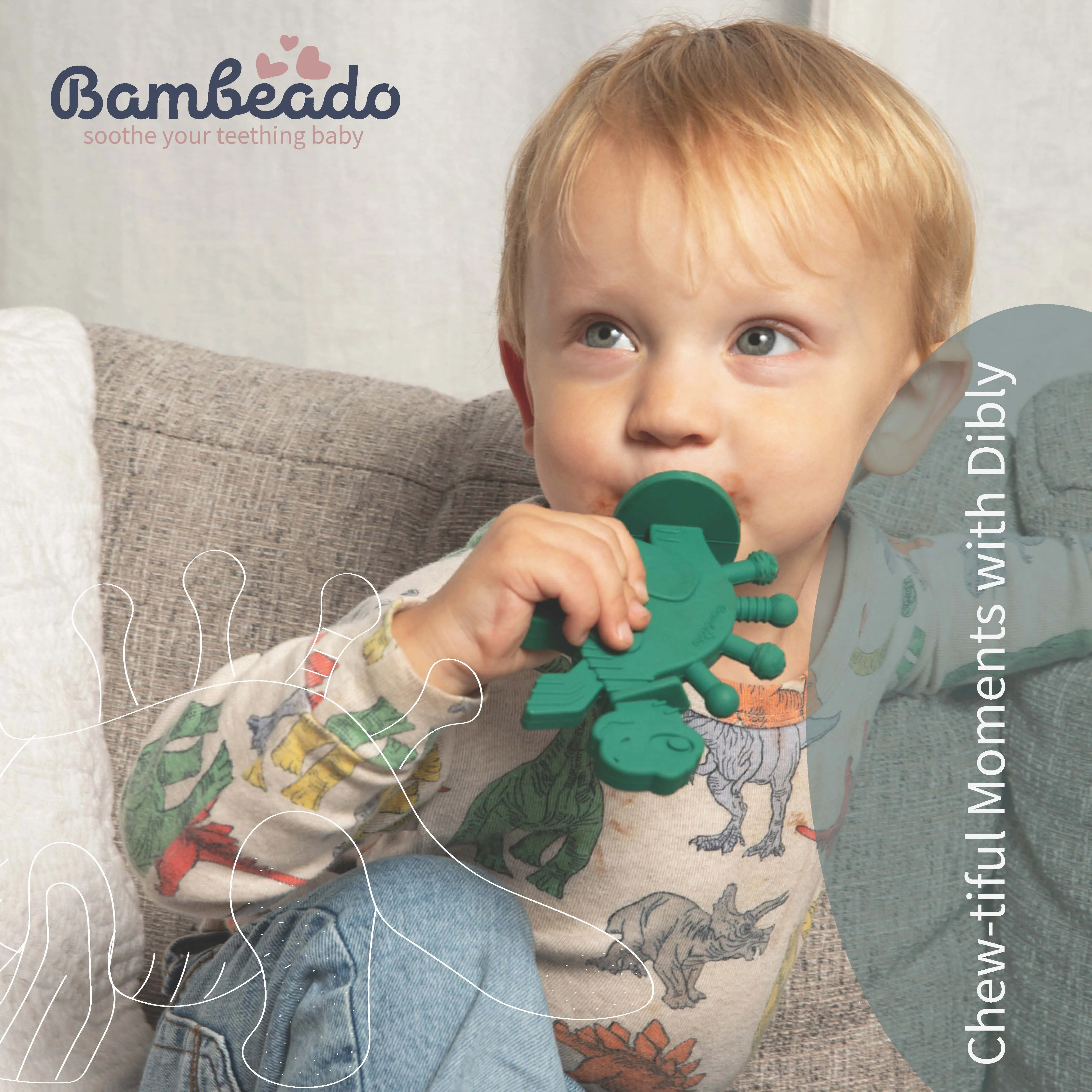 Dibly - Green - Baltic Amber & Natural Rubber Dinosaur Teether with Toothbrush Tail-