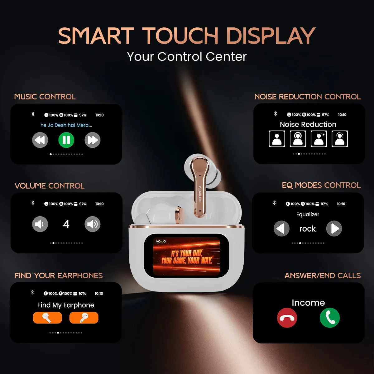 DwOTS Touch: Smart Touch Screen Display Black TWS Earbuds