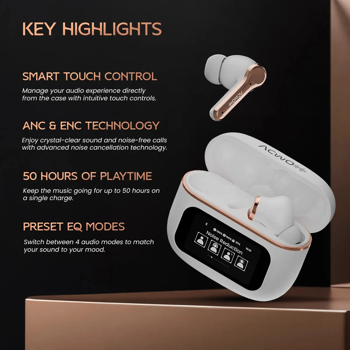 DwOTS Touch: Smart Touch Screen Display Black TWS Earbuds