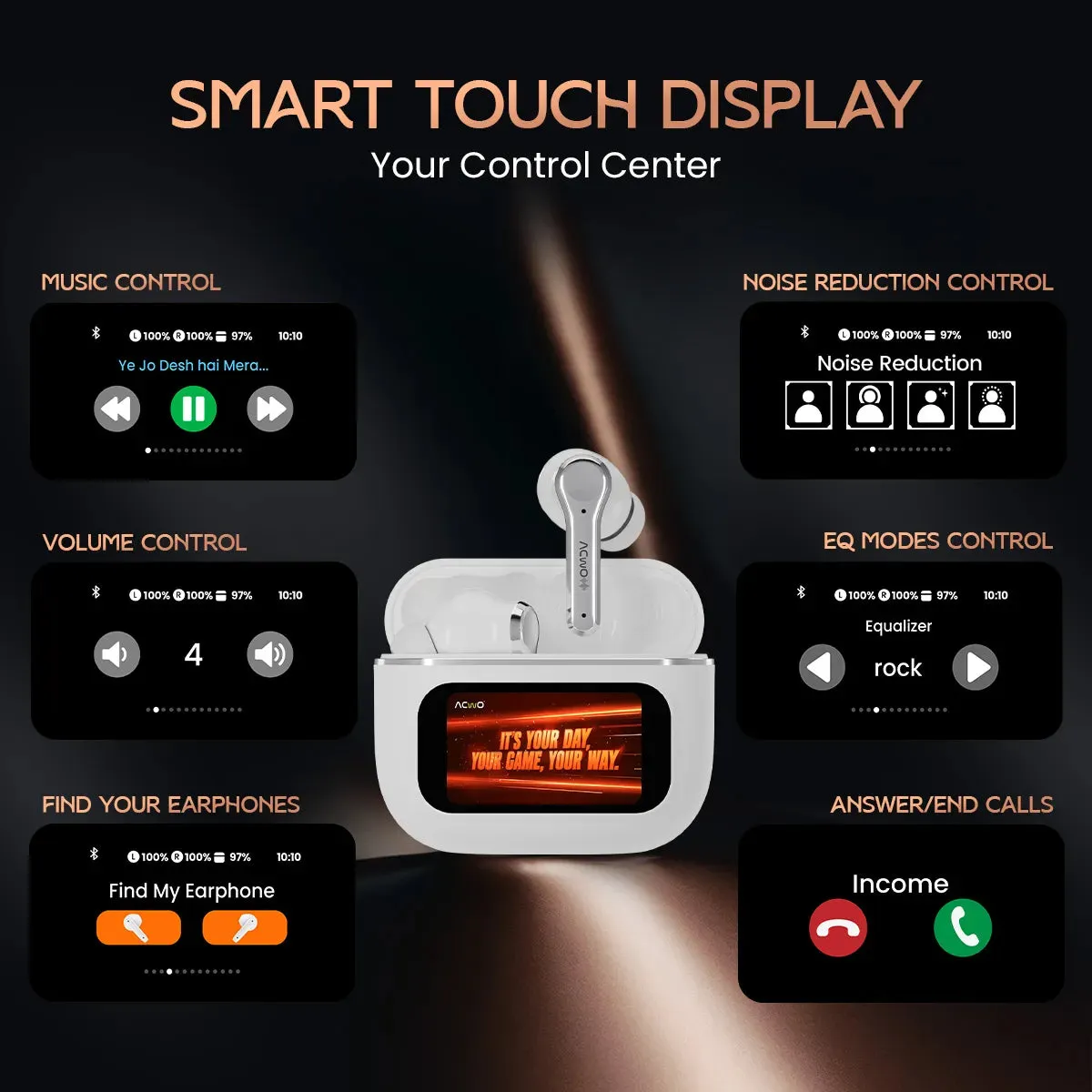 DwOTS Touch: Smart Touch Screen Display Black TWS Earbuds