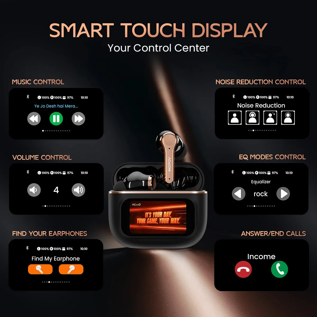 DwOTS Touch: Smart Touch Screen Display Black TWS Earbuds