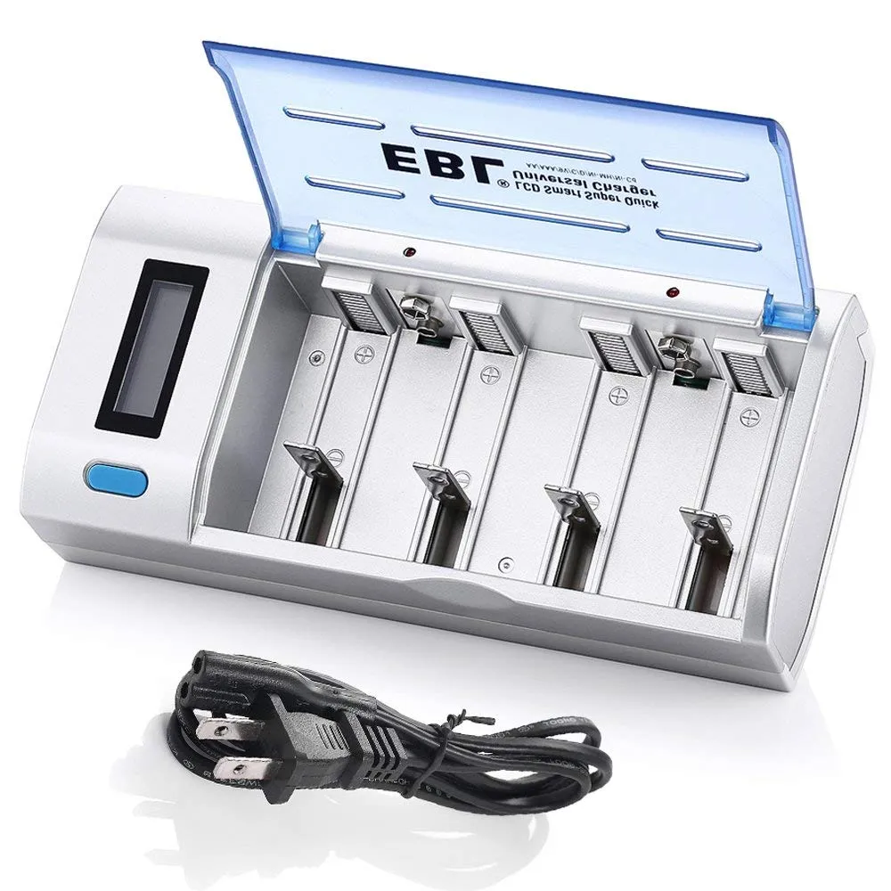 EBL LN-2605UR 4-Bay Universal Smart Battery Charger with Integrated Discharge Function & LCD Display for AA AAA C D 9V Rechargeable Ni-MH Ni-CD Batteries