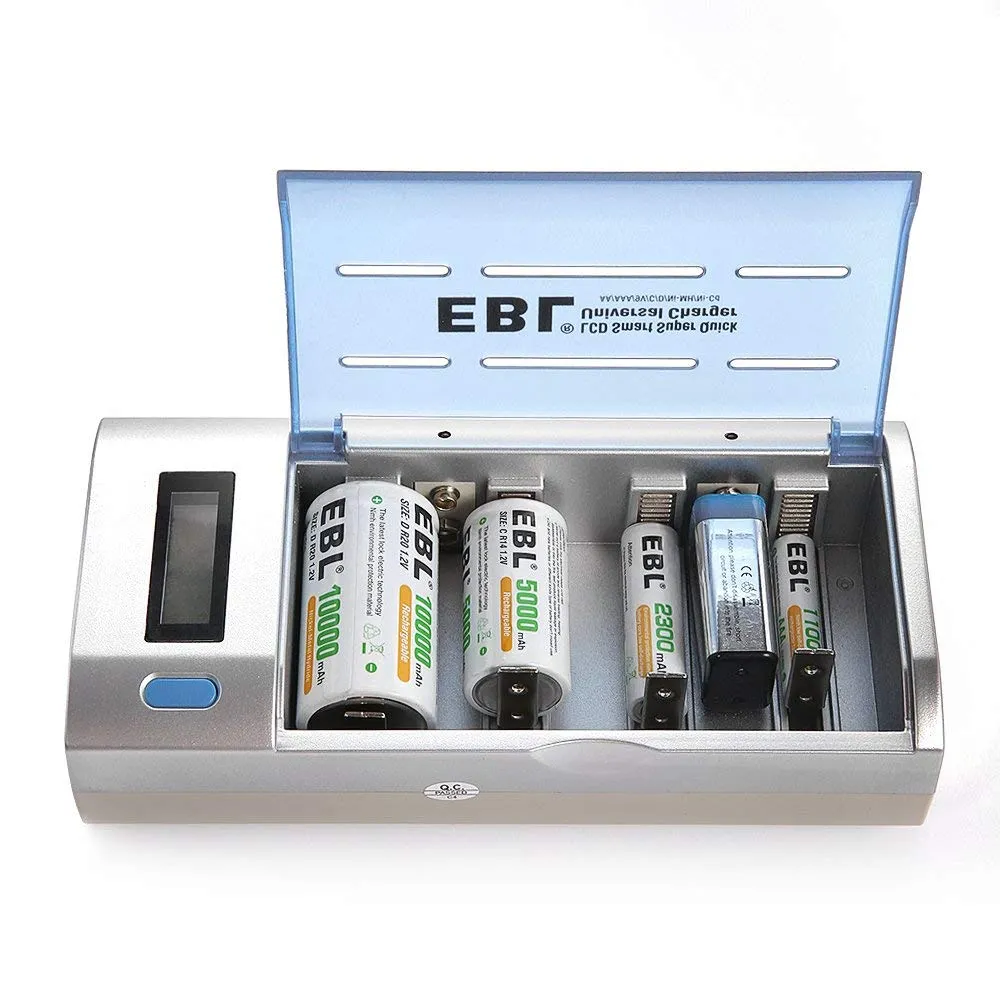 EBL LN-2605UR 4-Bay Universal Smart Battery Charger with Integrated Discharge Function & LCD Display for AA AAA C D 9V Rechargeable Ni-MH Ni-CD Batteries