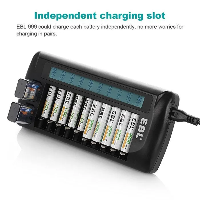 EBL LN-6426UR 999 12-Bay Multifunction Smart Battery Charger with Built-In LCD Indicator Screen, and Intelligent Over-Current Protection, for AA, AAA, 9V 6F22 Rechargeable Batteries