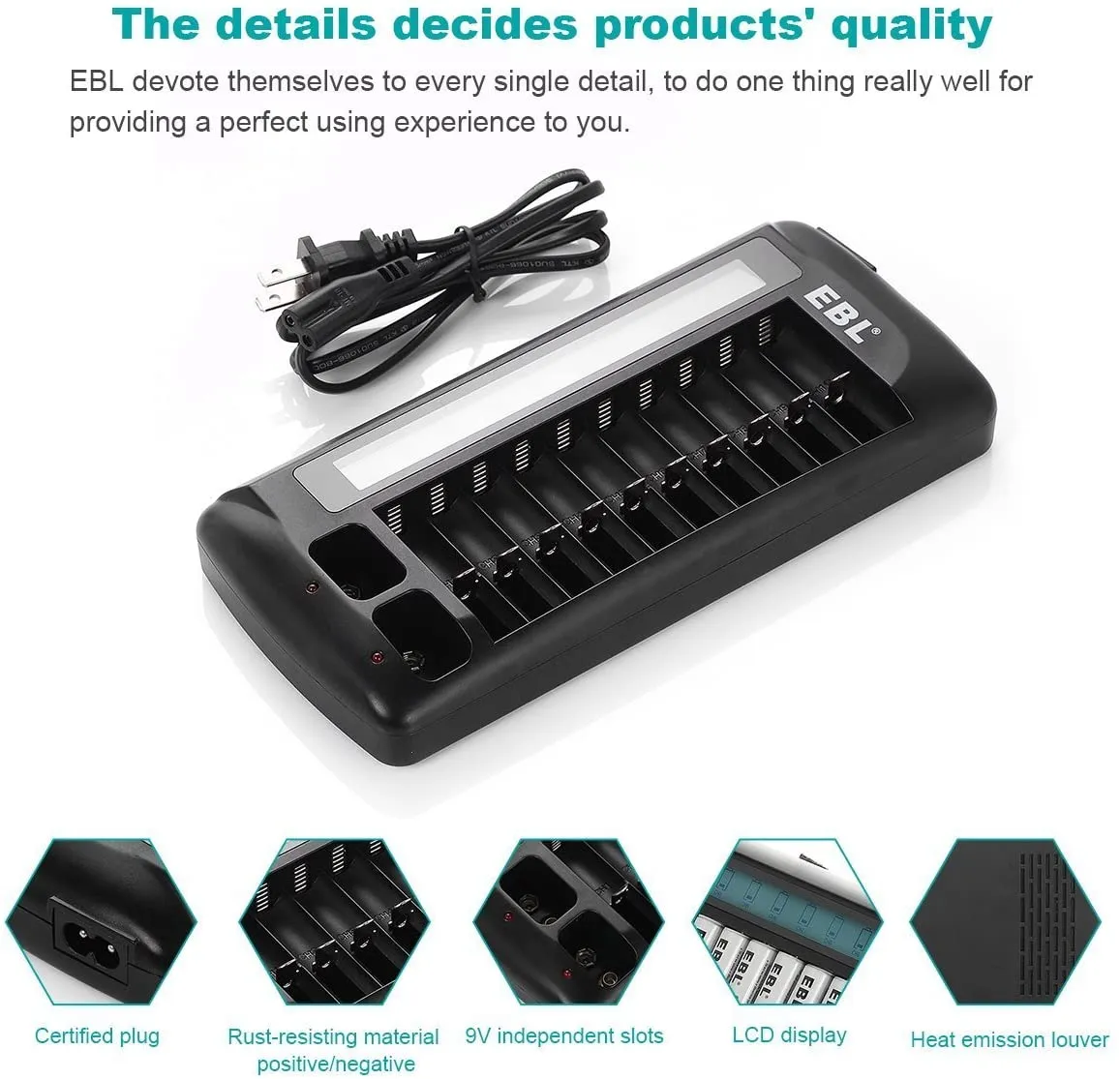 EBL LN-6426UR 999 12-Bay Multifunction Smart Battery Charger with Built-In LCD Indicator Screen, and Intelligent Over-Current Protection, for AA, AAA, 9V 6F22 Rechargeable Batteries