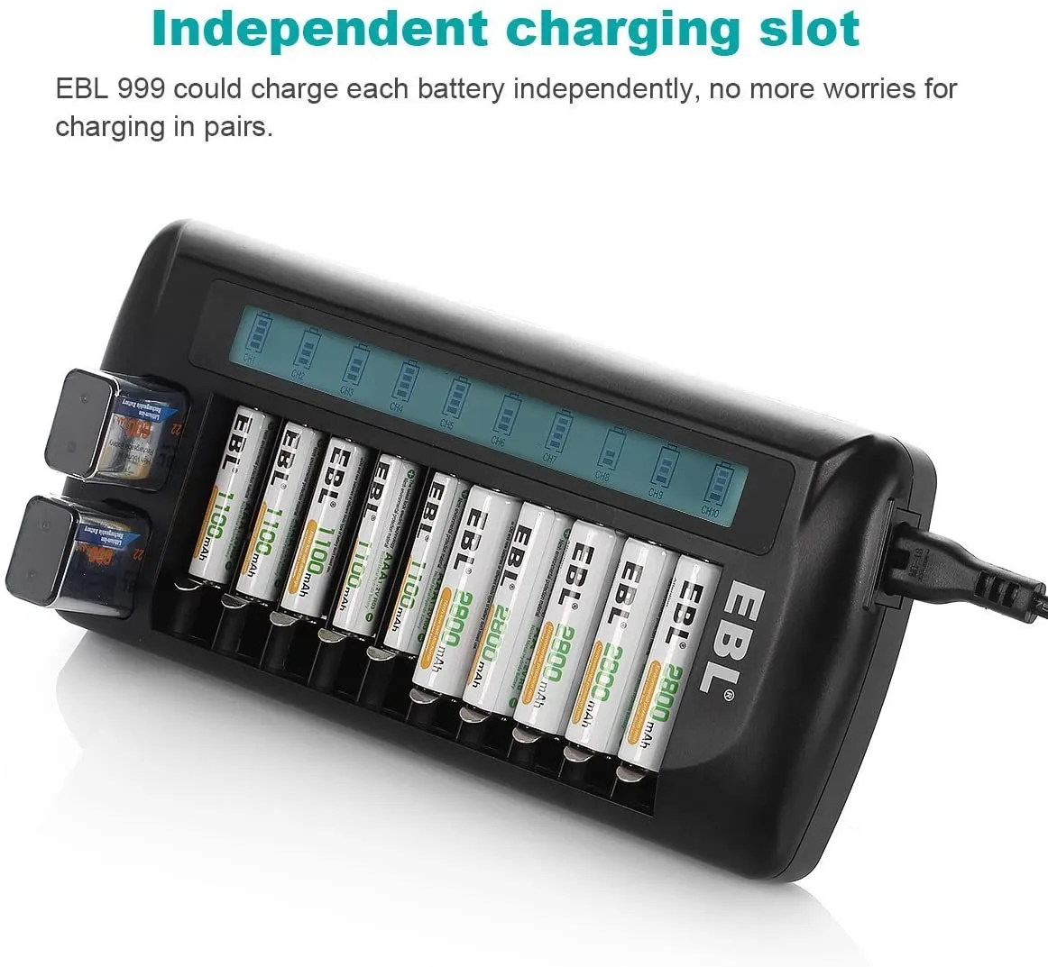 EBL LN-6426UR 999 12-Bay Multifunction Smart Battery Charger with Built-In LCD Indicator Screen, and Intelligent Over-Current Protection, for AA, AAA, 9V 6F22 Rechargeable Batteries