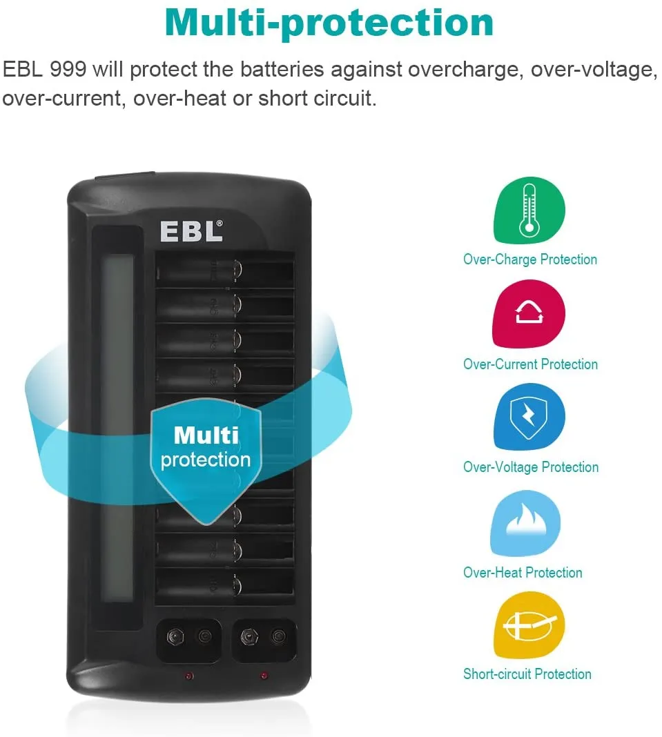 EBL LN-6426UR 999 12-Bay Multifunction Smart Battery Charger with Built-In LCD Indicator Screen, and Intelligent Over-Current Protection, for AA, AAA, 9V 6F22 Rechargeable Batteries