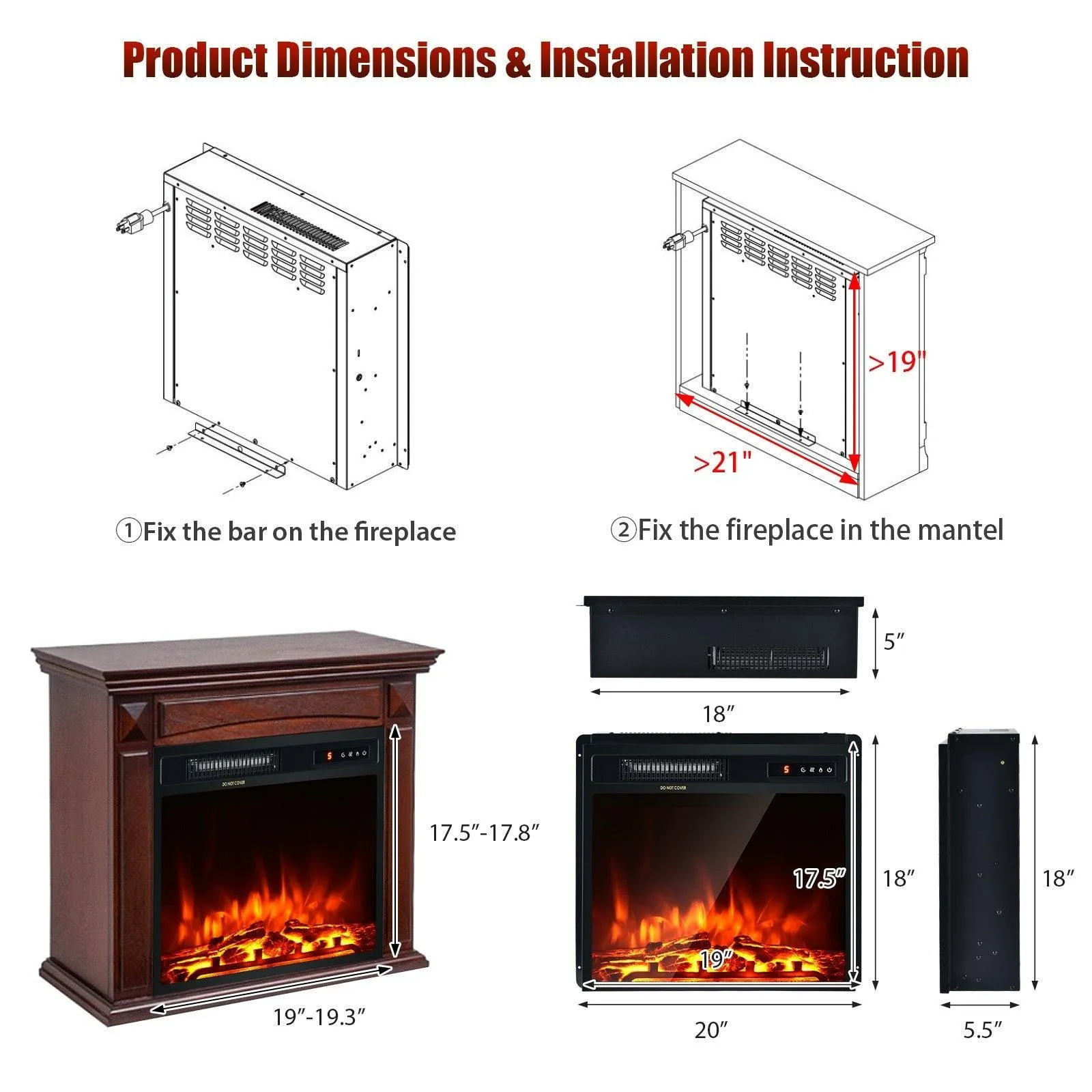 Electric Fireplace Heater FP10046US,Freestanding and Recessed 18 Inch 1500W