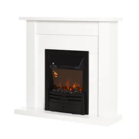 Electric Firplace Suites & Mantelpiece w/LED Flames Remote Marble Stone Modern Curved Surround Intelligent Safe Tempered Glass