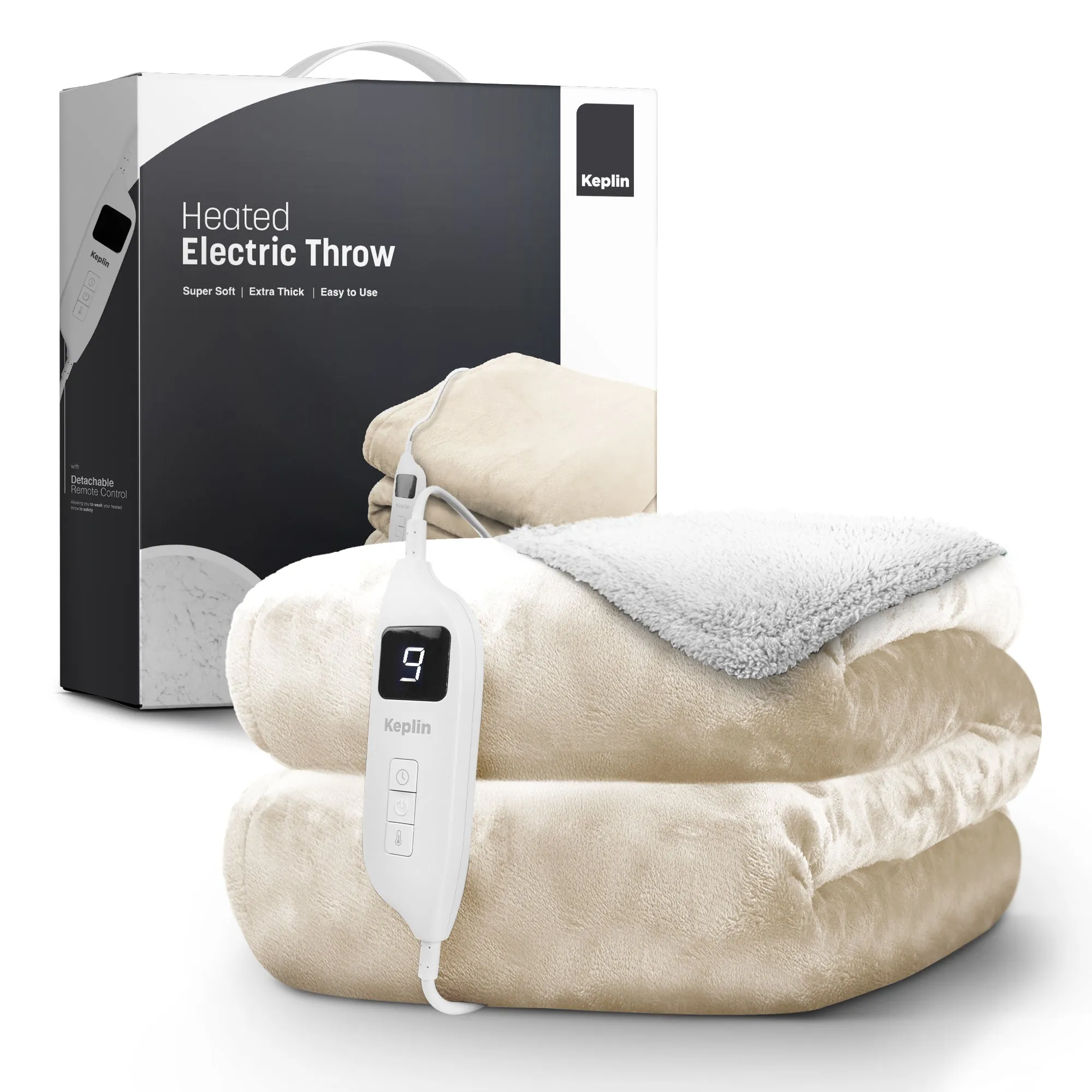 Electric Heated Throw Blanket - Machine Washable Fleece Wool Duvet, 9 Heat Settings & Timer