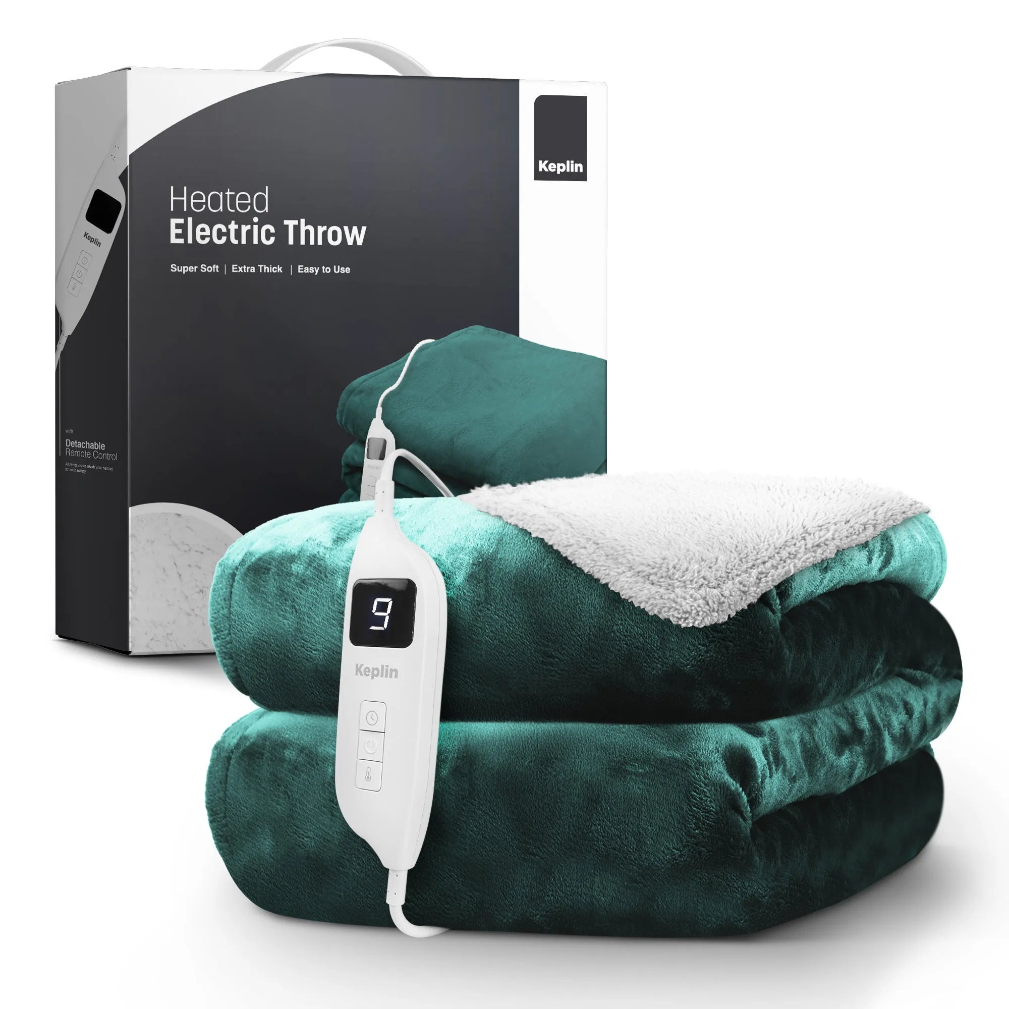 Electric Heated Throw Blanket - Machine Washable Fleece Wool Duvet, 9 Heat Settings & Timer