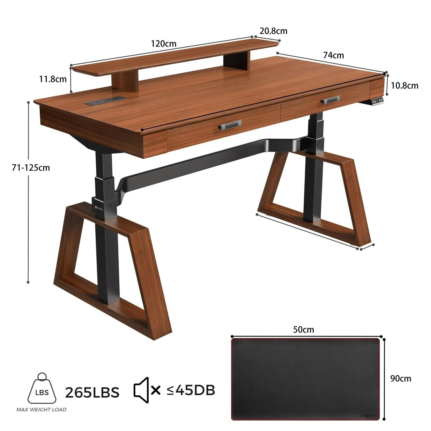 Eureka TX63 Trapezoid-Leg Two-Drawer Electric Standing Gaming / Office Desk (Walnut)