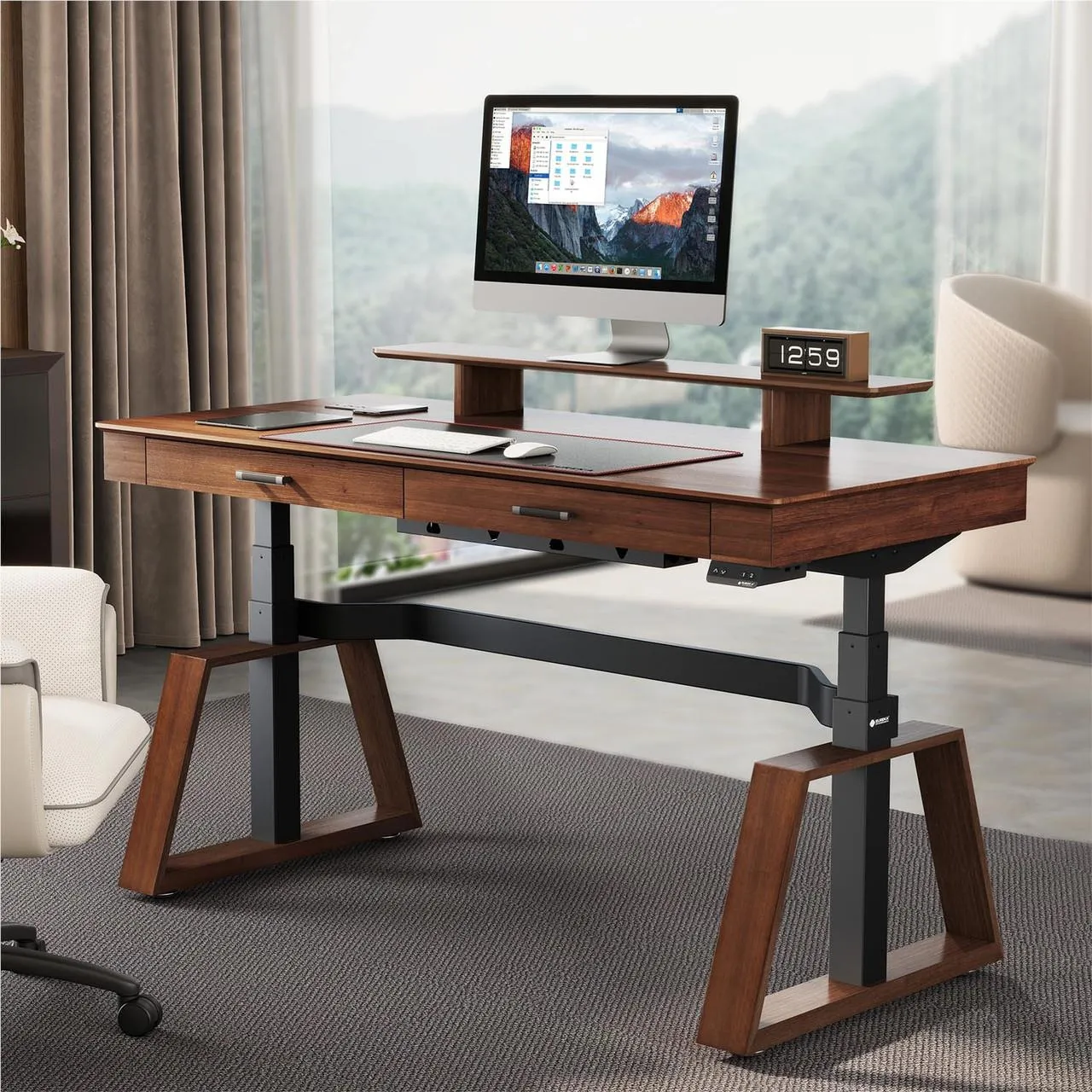 Eureka TX63 Trapezoid-Leg Two-Drawer Electric Standing Gaming / Office Desk (Walnut)