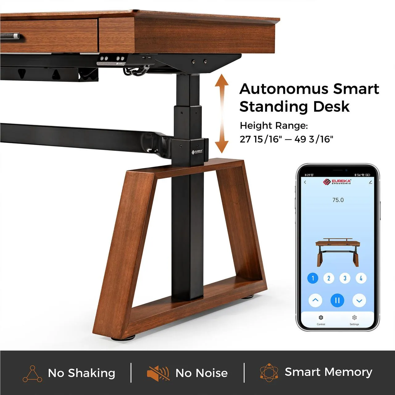 Eureka TX63 Trapezoid-Leg Two-Drawer Electric Standing Gaming / Office Desk (Walnut)