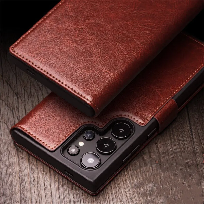 Genuine Real Leather Flip Wallet Phone Case With Card Slot For Samsung Galaxy S24 S23