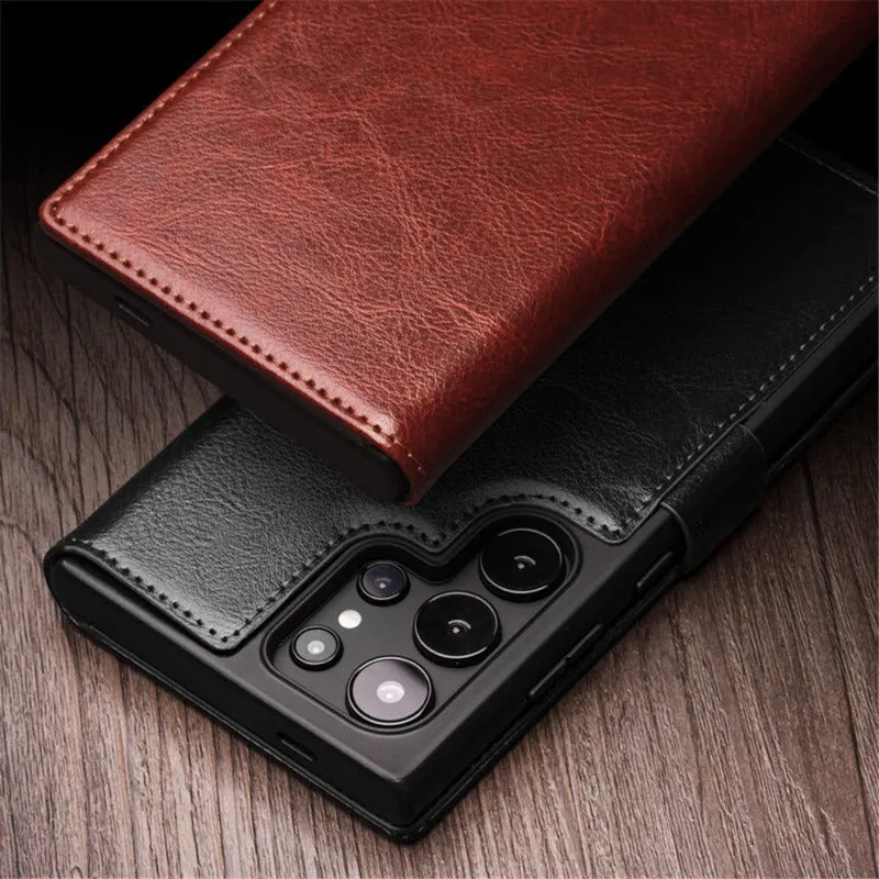 Genuine Real Leather Flip Wallet Phone Case With Card Slot For Samsung Galaxy S24 S23