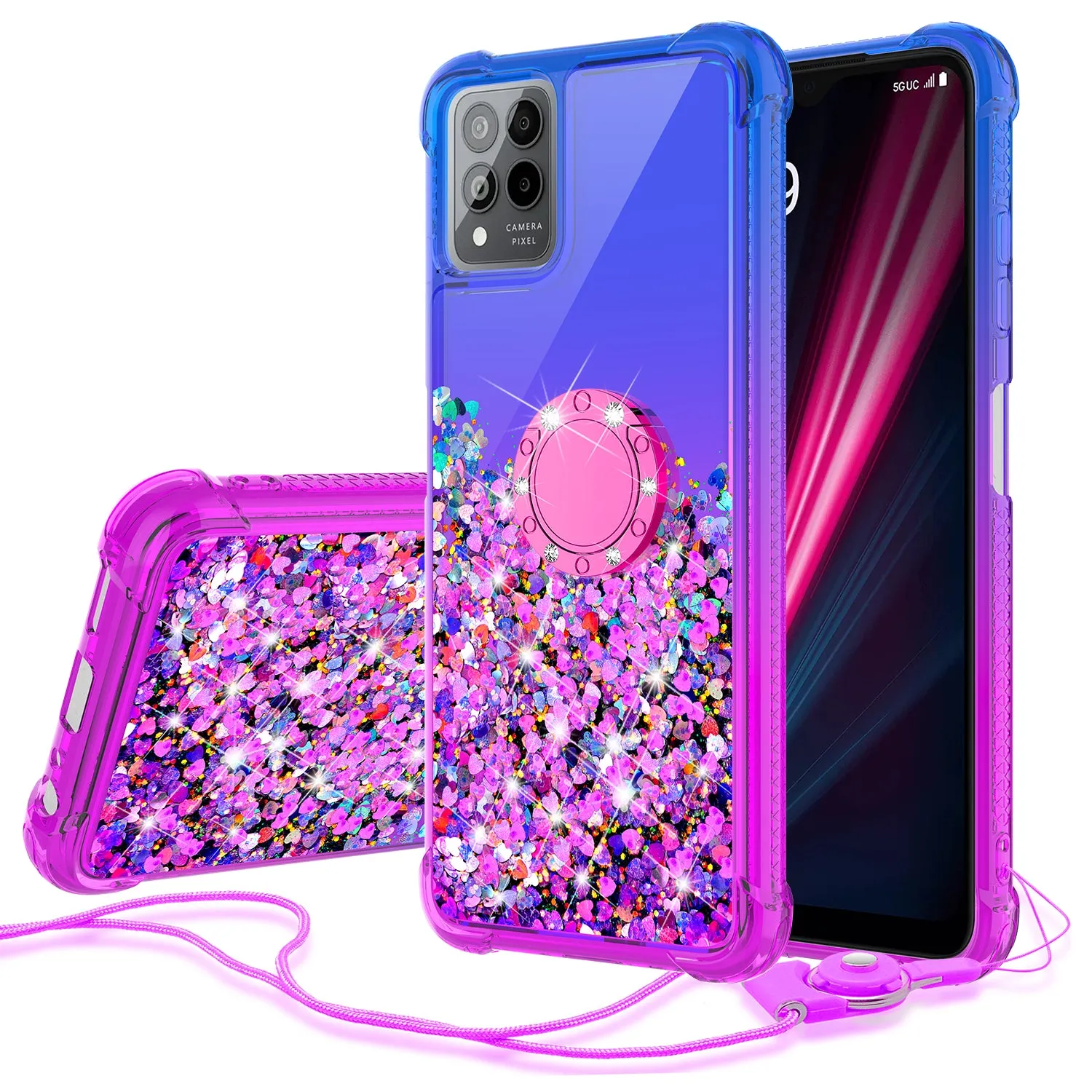 Glitter Phone Case Kickstand Compatible for T-Mobile Revvl 6 Pro 5G Case, Revvl 6 Pro 5G Case,Ring Stand Liquid Floating Quicksand Bling Sparkle Protective Girls Women for T-Mobile Revvl 6 Pro 5G W/Temper Glass - (Blue/Purple Gradient)