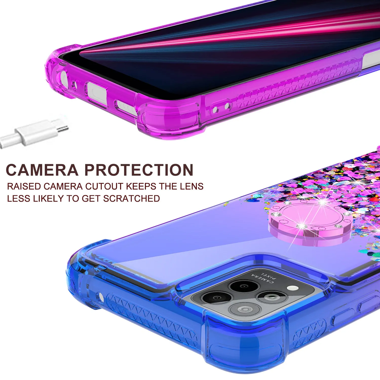 Glitter Phone Case Kickstand Compatible for T-Mobile Revvl 6 Pro 5G Case, Revvl 6 Pro 5G Case,Ring Stand Liquid Floating Quicksand Bling Sparkle Protective Girls Women for T-Mobile Revvl 6 Pro 5G W/Temper Glass - (Blue/Purple Gradient)