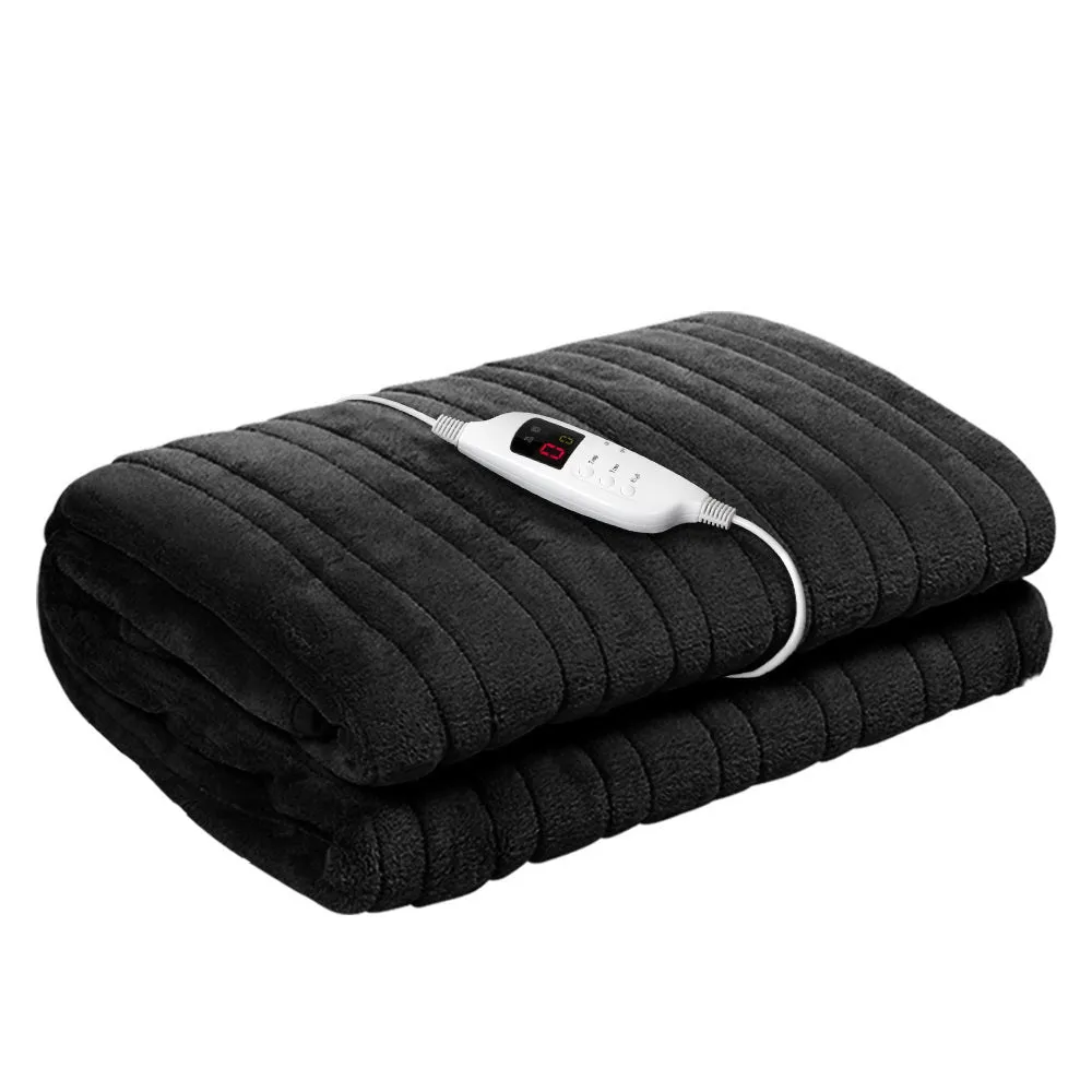 High-Density Coral Fleece Heated Throw Rug, Charcoal - Giselle Bedding