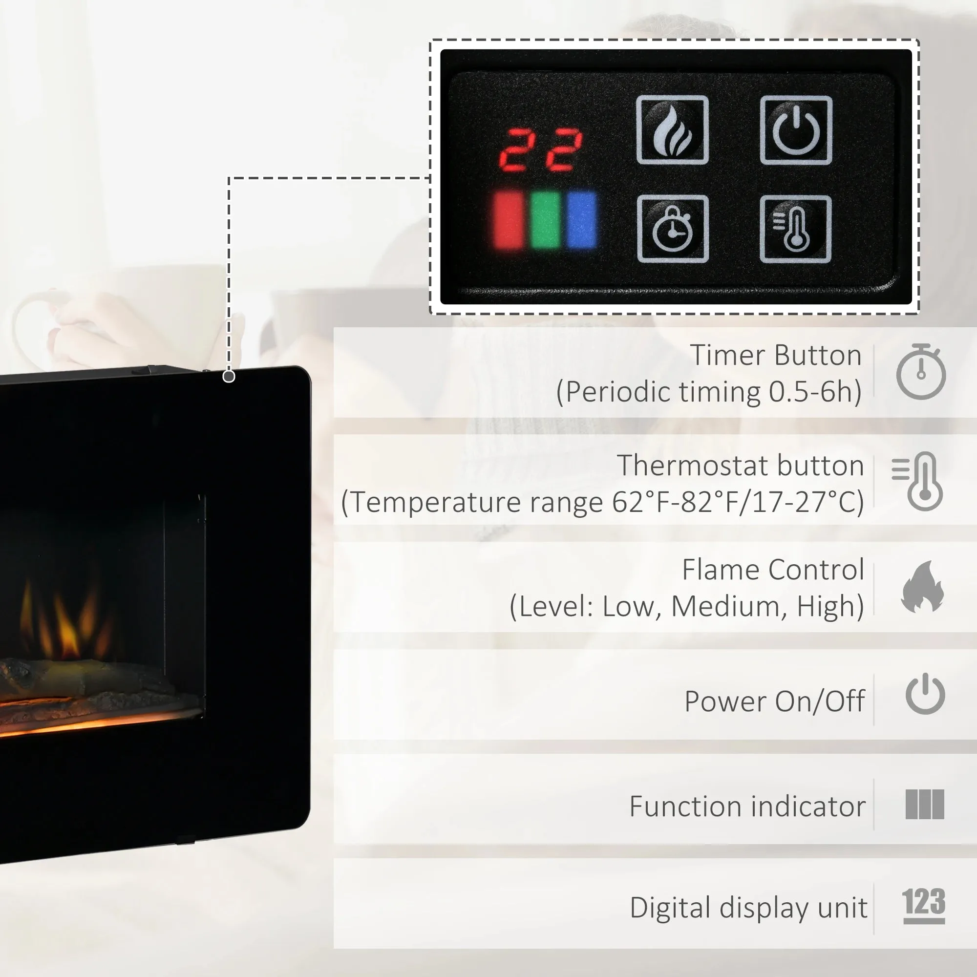 Homcom Electric Wall-Mounted Fireplace Heater with Adjustable Flame Effect