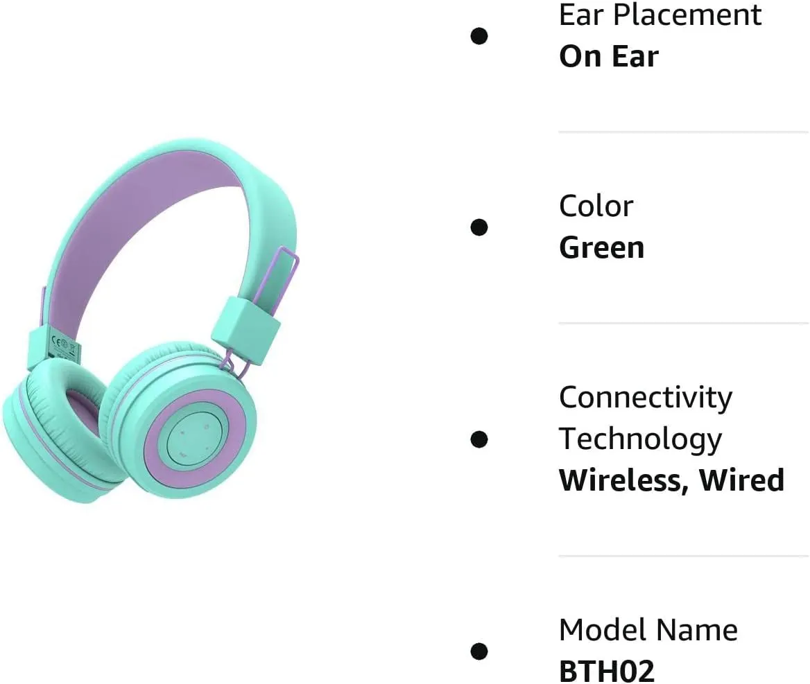 Iclever BTH02 Kids Headphones, Kids Wireless Headphones with MIC, 22H Playtime, Bluetooth 5.0 & Stereo Sound, Foldable, Adjustable Headband, Childrens Headphones for Ipad Tablet Home School, Green