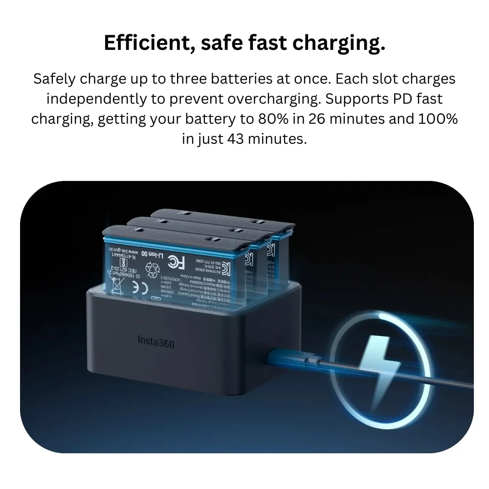 Insta360 X4 Fast Charger Hub with Triple Battery Charging Slot, Intelligent Management with Independent Overcharge Protection, and USB Type C Interface CINSBBMJ