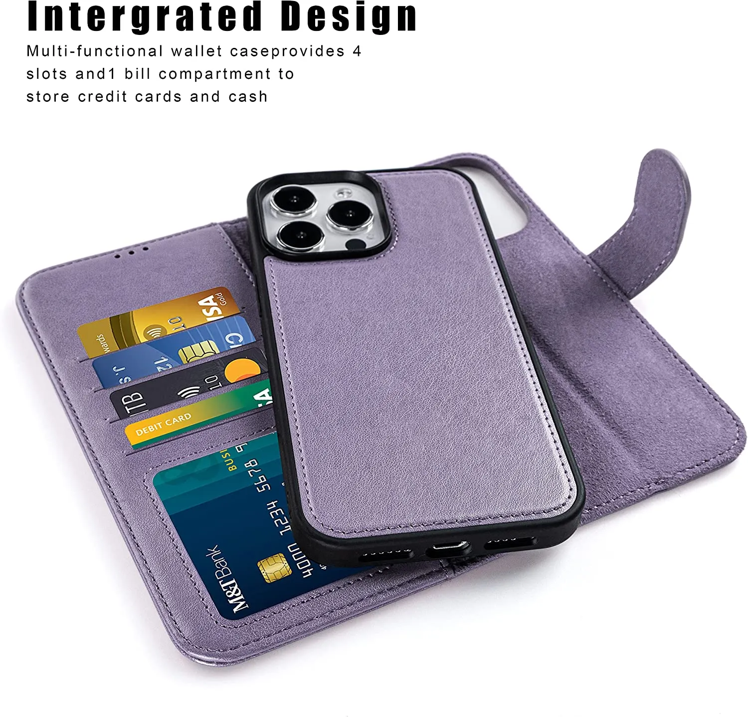 iPhone 14 Pro Max 6.7",Detachable Cellphone Case 4 Solots Card Holder Purple