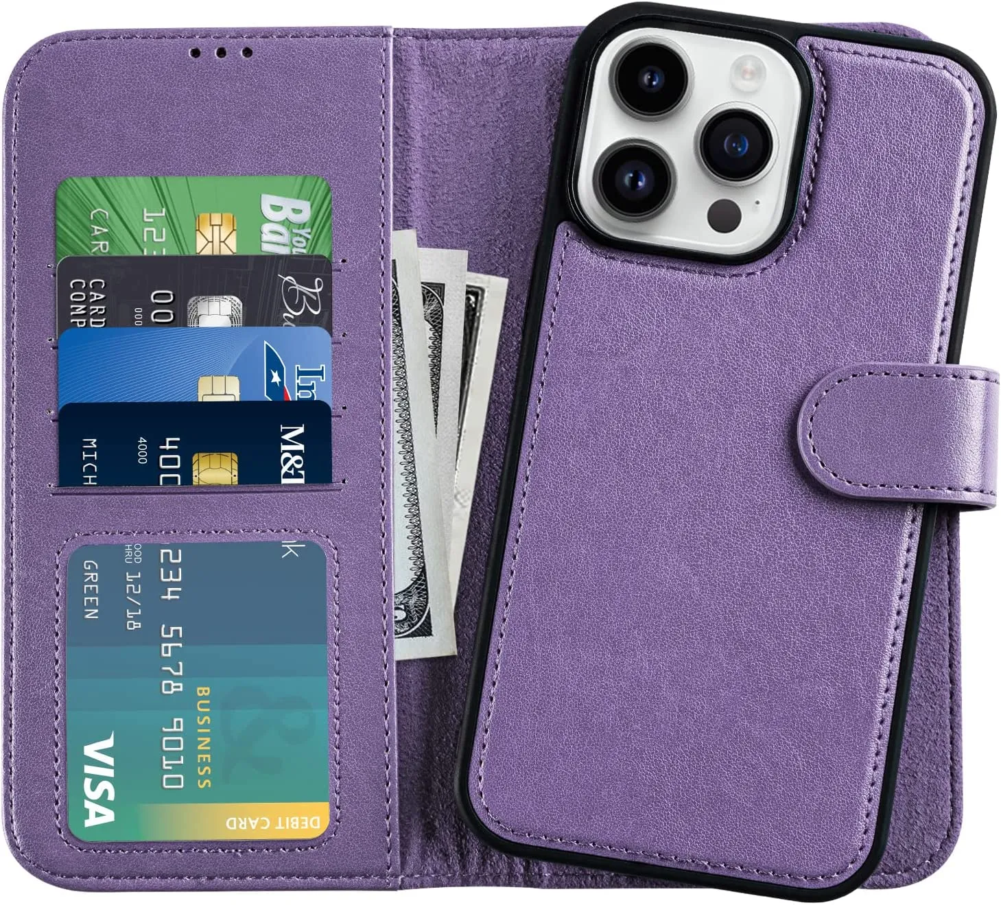 iPhone 14 Pro Max 6.7",Detachable Cellphone Case 4 Solots Card Holder Purple