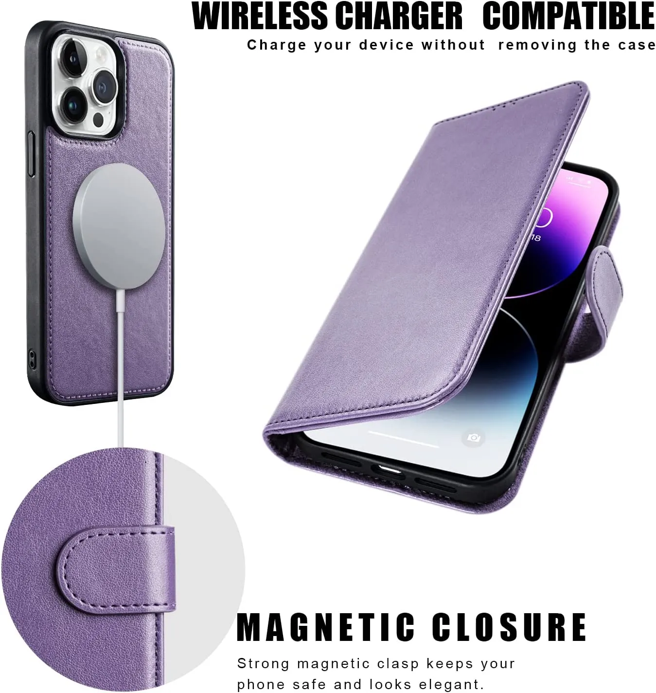 iPhone 14 Pro Max 6.7",Detachable Cellphone Case 4 Solots Card Holder Purple