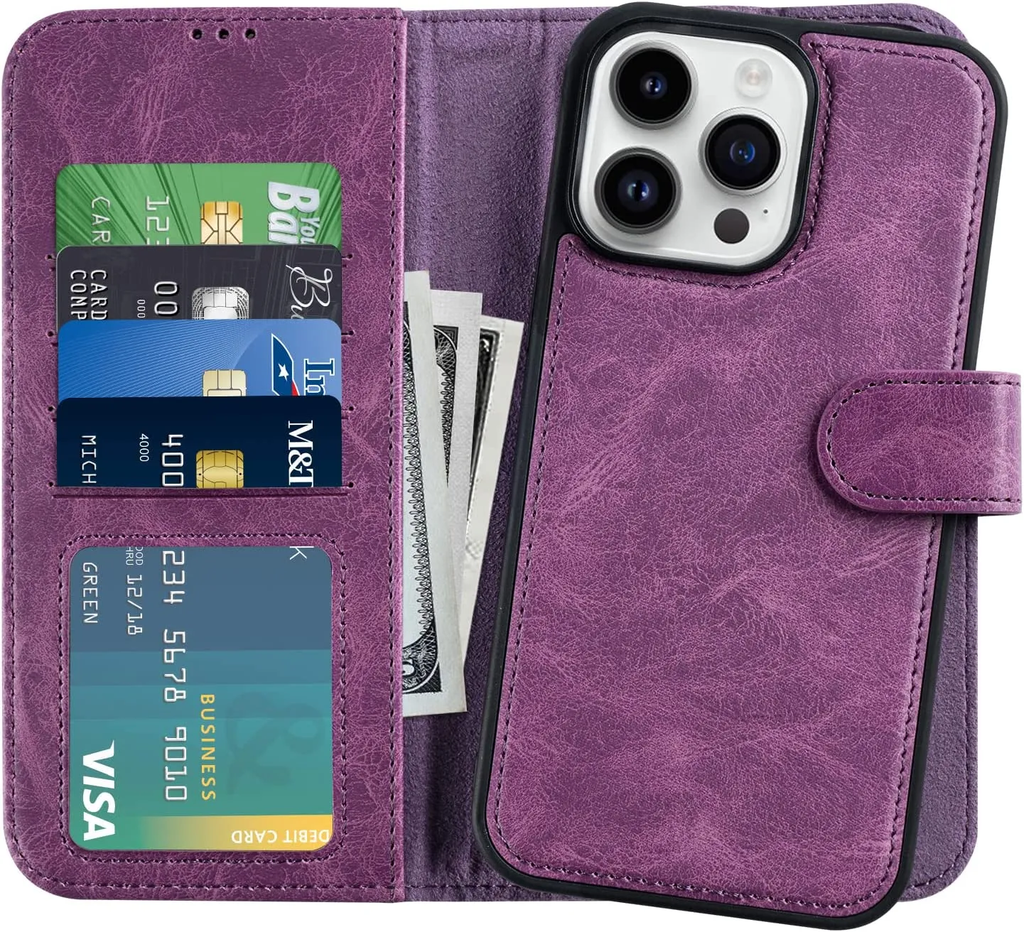 iPhone 14 Pro Max 6.7",Detachable Cellphone Case 4 Solots Card Holder Purple