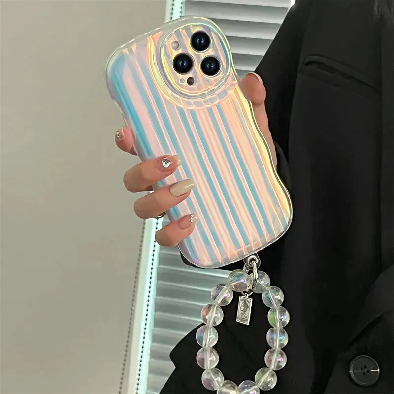 Laser Wave Silicone Phone Case Gradient Laser Stripes Bracelet Case For IPhone 14 13 12 11 Pro Max Plus Bead Chain