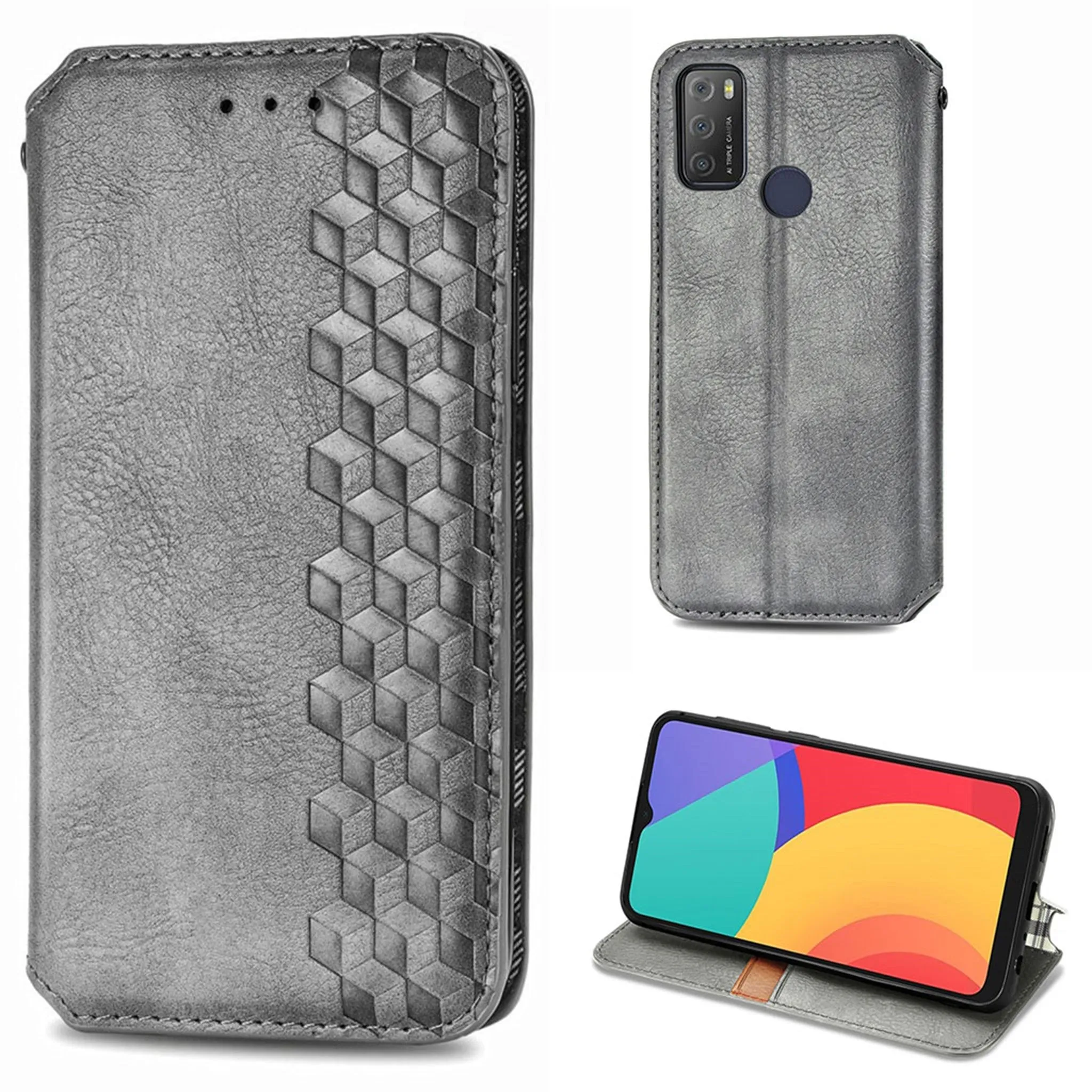 Leather case with a stylish rhombus imprint for Alcatel 1S (2021) - Grey