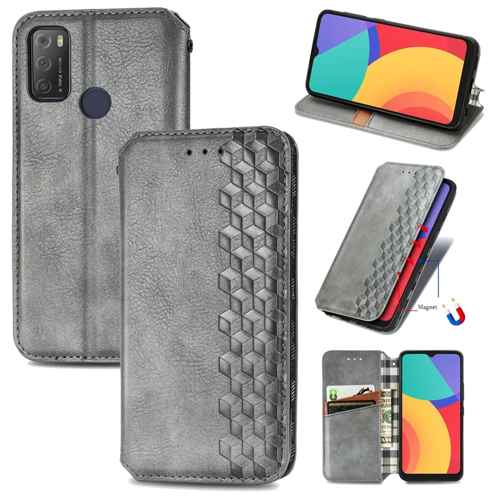 Leather case with a stylish rhombus imprint for Alcatel 1S (2021) - Grey