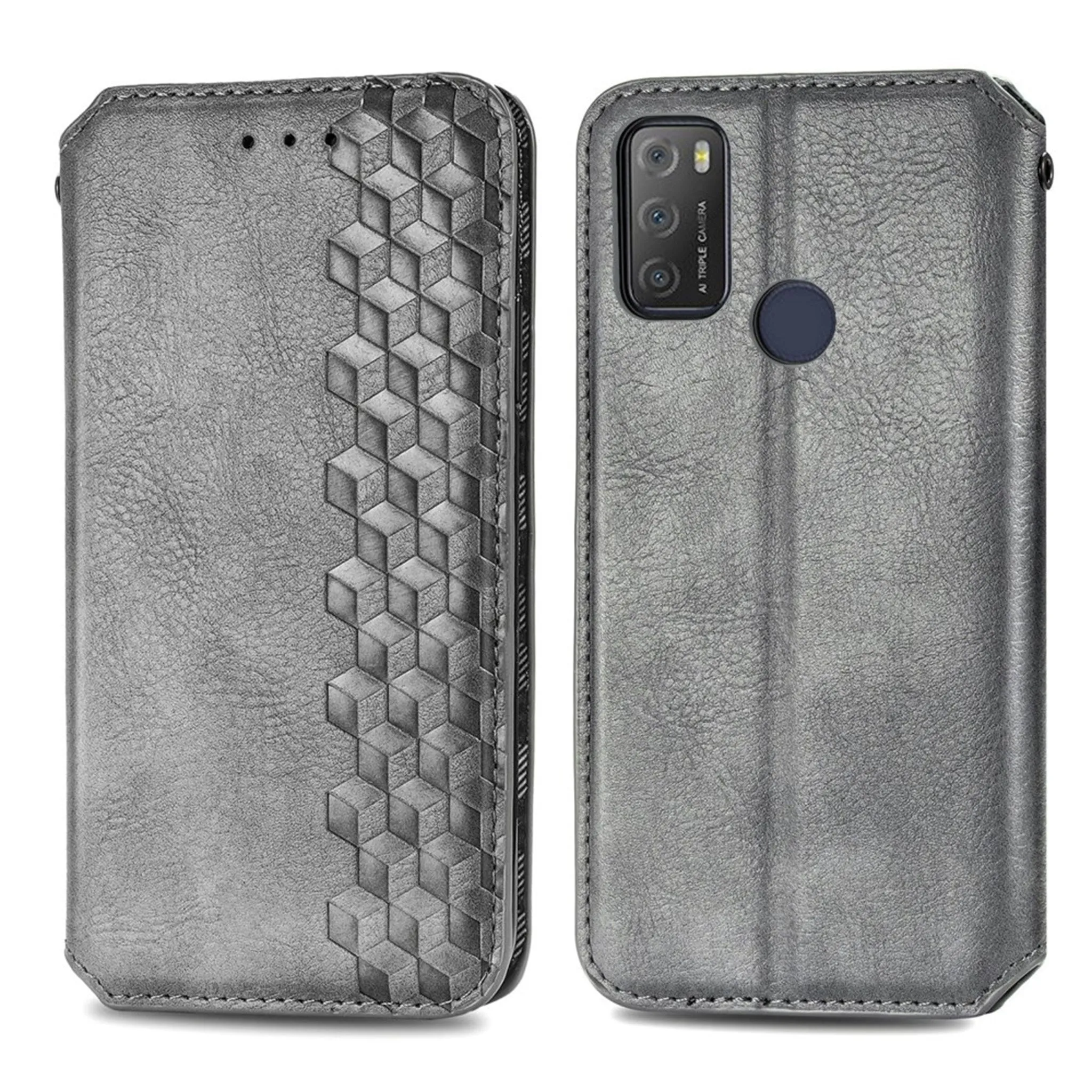 Leather case with a stylish rhombus imprint for Alcatel 1S (2021) - Grey