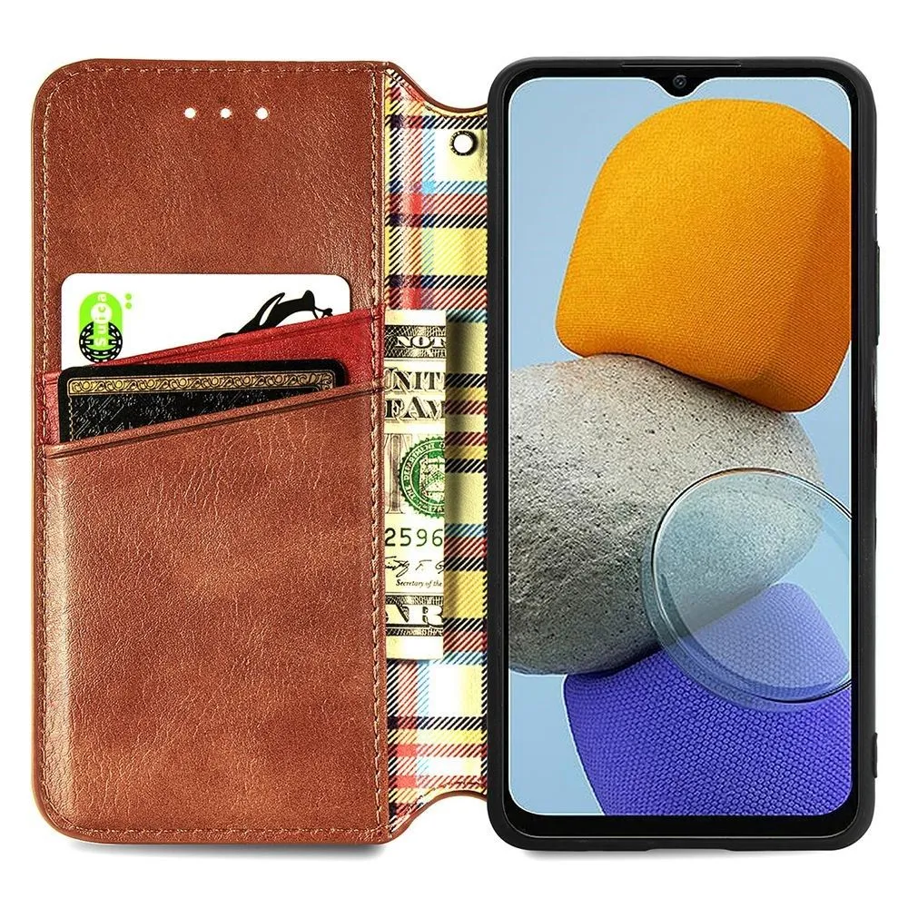 Leather case with a stylish rhombus imprint for Samsung Galaxy M23 - Brown