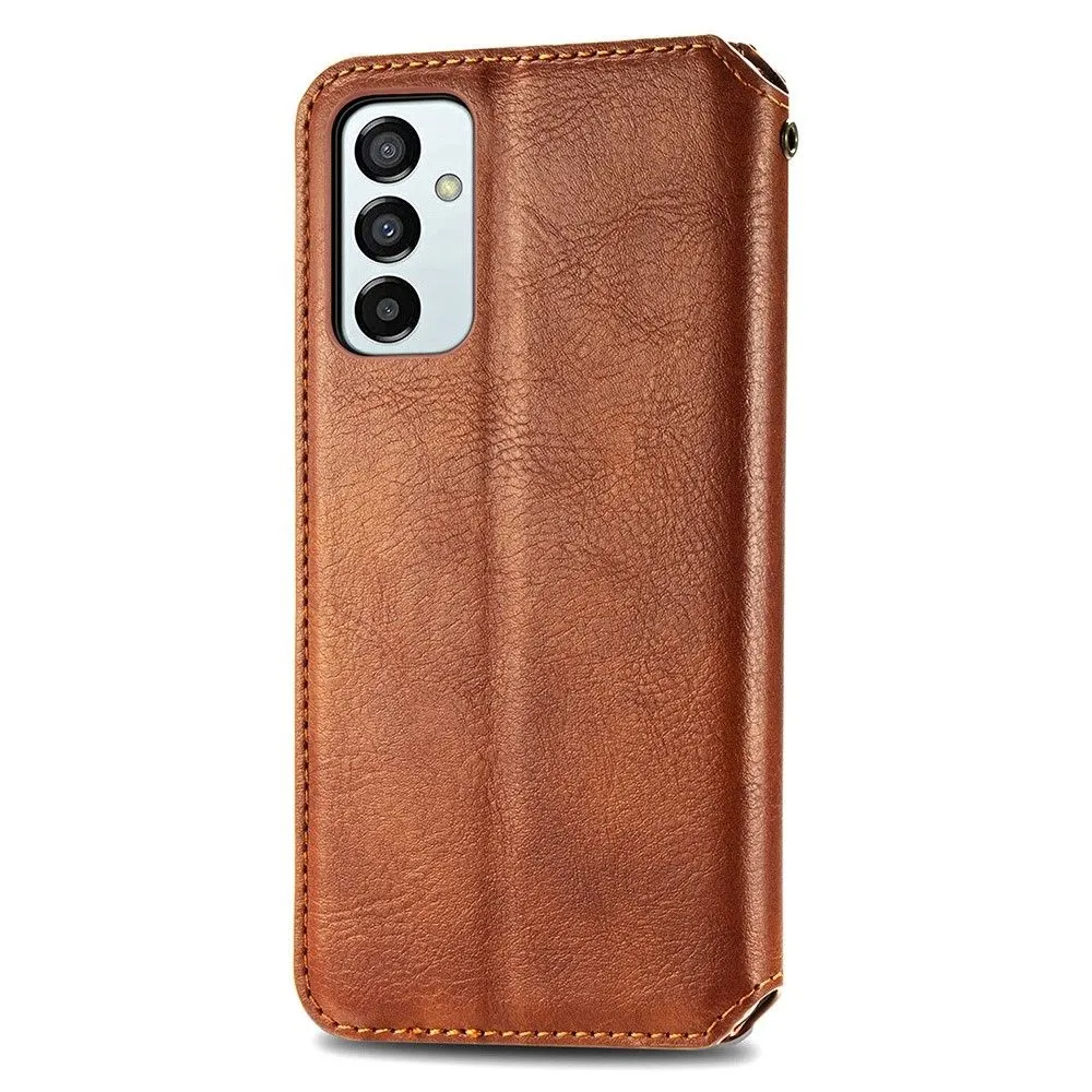 Leather case with a stylish rhombus imprint for Samsung Galaxy M23 - Brown